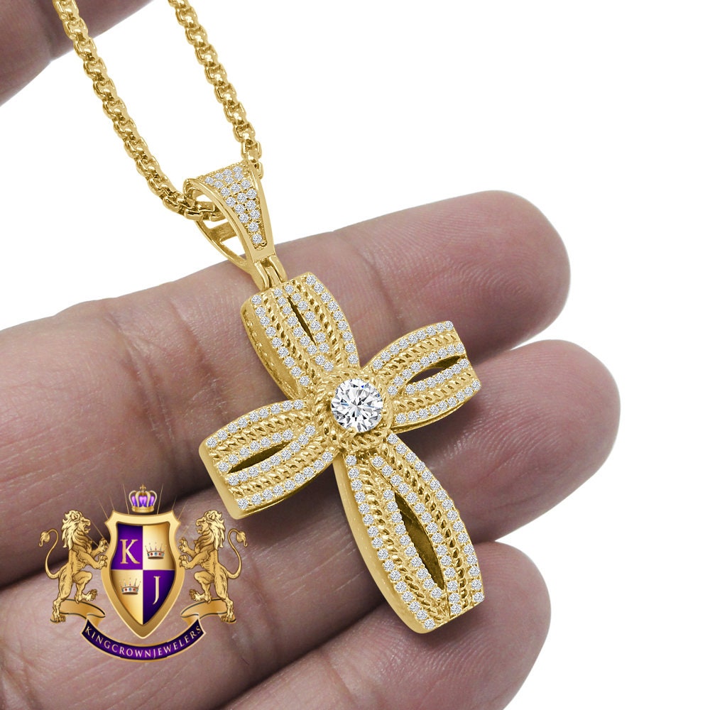 Pure Italian Sterling Silver Round Cut Simulated Diamond Designer Jesus Cross Pendent Charm + Free Chain