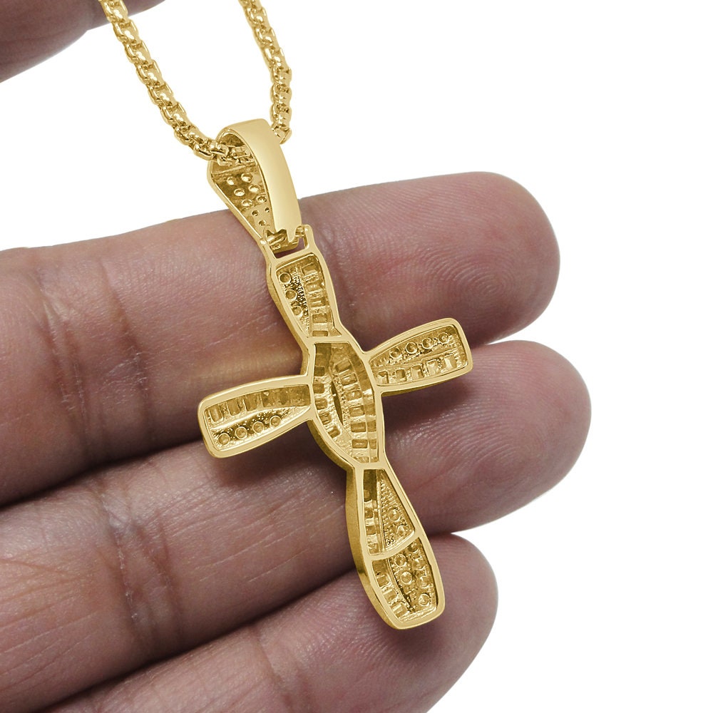 Round Cut/ Baguette Italian Sterling Silver Simulated Diamond Designer Jesus Cross Mini Pendent Charm + Free Chain