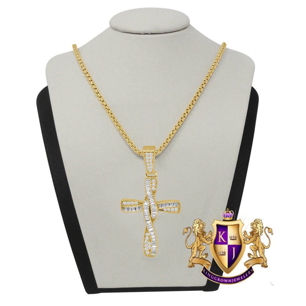Round Cut/ Baguette Italian Sterling Silver Simulated Diamond Designer Jesus Cross Mini Pendent Charm + Free Chain