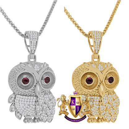 Custom Piece Men's 14K Gold Finish Simulated Diamond Owl Ruby Eye Pendent Charm Chain Set
