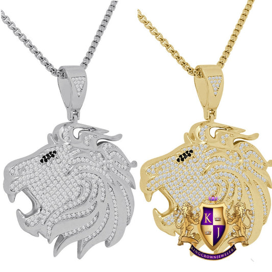 25+ Grams Men's Real Genuine Sterling Sliver 14K White Gold Over 2.25 Cwt. Simulated Diamond Lion King Face Pendant Charm Chain Neckless Set