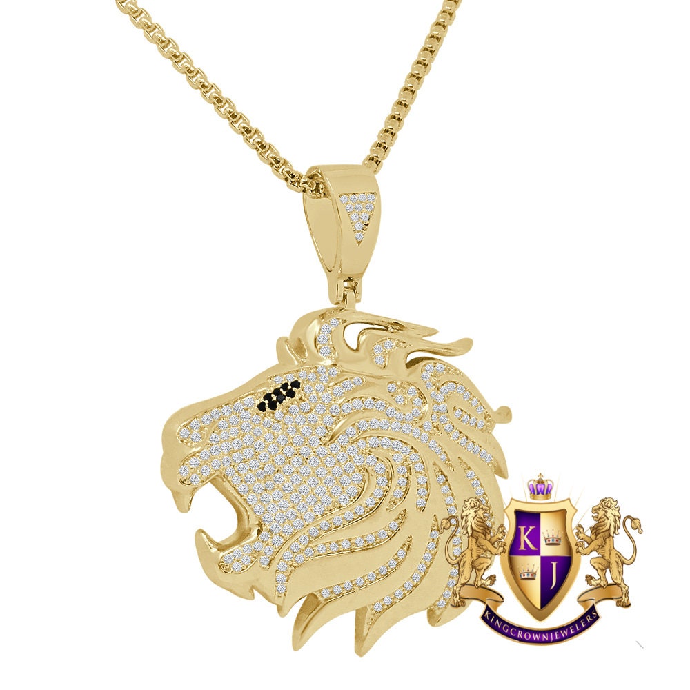 25+ Grams Men's Real Genuine Sterling Sliver 14K White Gold Over 2.25 Cwt. Simulated Diamond Lion King Face Pendant Charm Chain Neckless Set