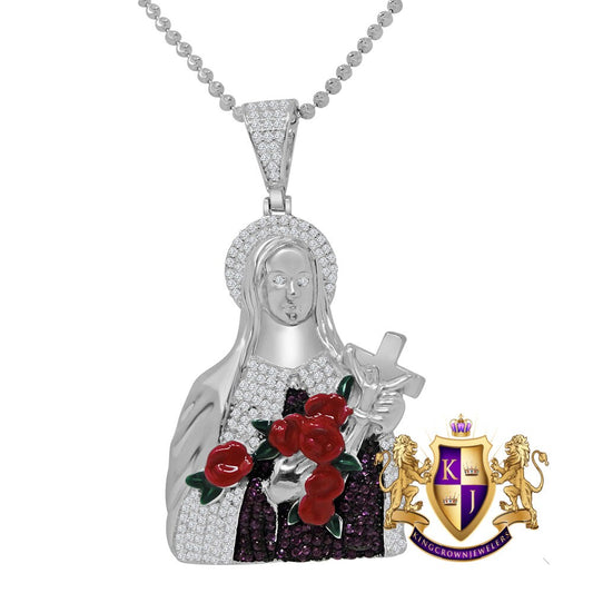 Real Genuine Sterling Silver Multi Tone White Gold Finish Lady of Guadalupe Mother Mary Pendant Jesus Crucifix Cross Charm Chain Set