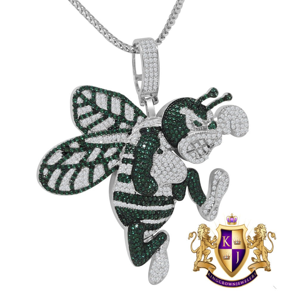 Pure Italian Sterling Silver Simulated Diamond White Gold Finish Honey Bee Charm Pendent Chain Set