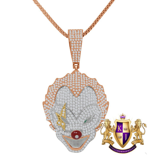 14K Rose Gold Finish Joker Clown Simulated Diamond Pendent Drama Circus Charm Chain Set