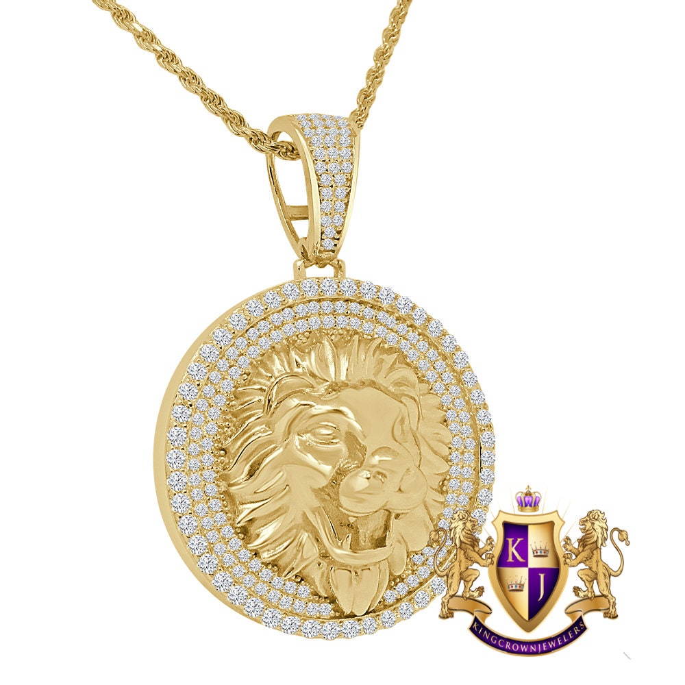 22+ Grams Real Genuine Italian Sterling Silver 14K Gold Finish Lion Head King Face Simulated Diamond Charm Pendant Rope Chain Neckless Set