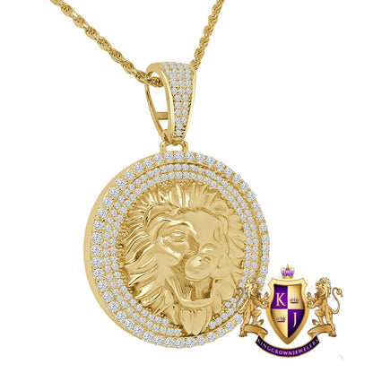 22+ Grams Real Genuine Italian Sterling Silver 14K Gold Finish Lion Head King Face Simulated Diamond Charm Pendant Rope Chain Neckless Set