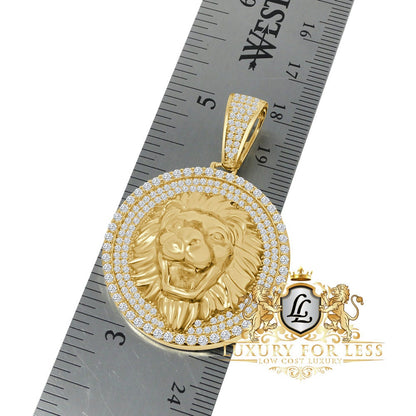 22+ Grams Real Genuine Italian Sterling Silver 14K Gold Finish Lion Head King Face Simulated Diamond Charm Pendant Rope Chain Neckless Set