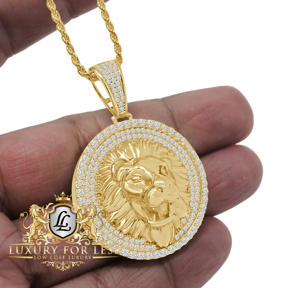 22+ Grams Real Genuine Italian Sterling Silver 14K Gold Finish Lion Head King Face Simulated Diamond Charm Pendant Rope Chain Neckless Set