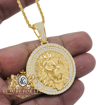 22+ Grams Real Genuine Italian Sterling Silver 14K Gold Finish Lion Head King Face Simulated Diamond Charm Pendant Rope Chain Neckless Set