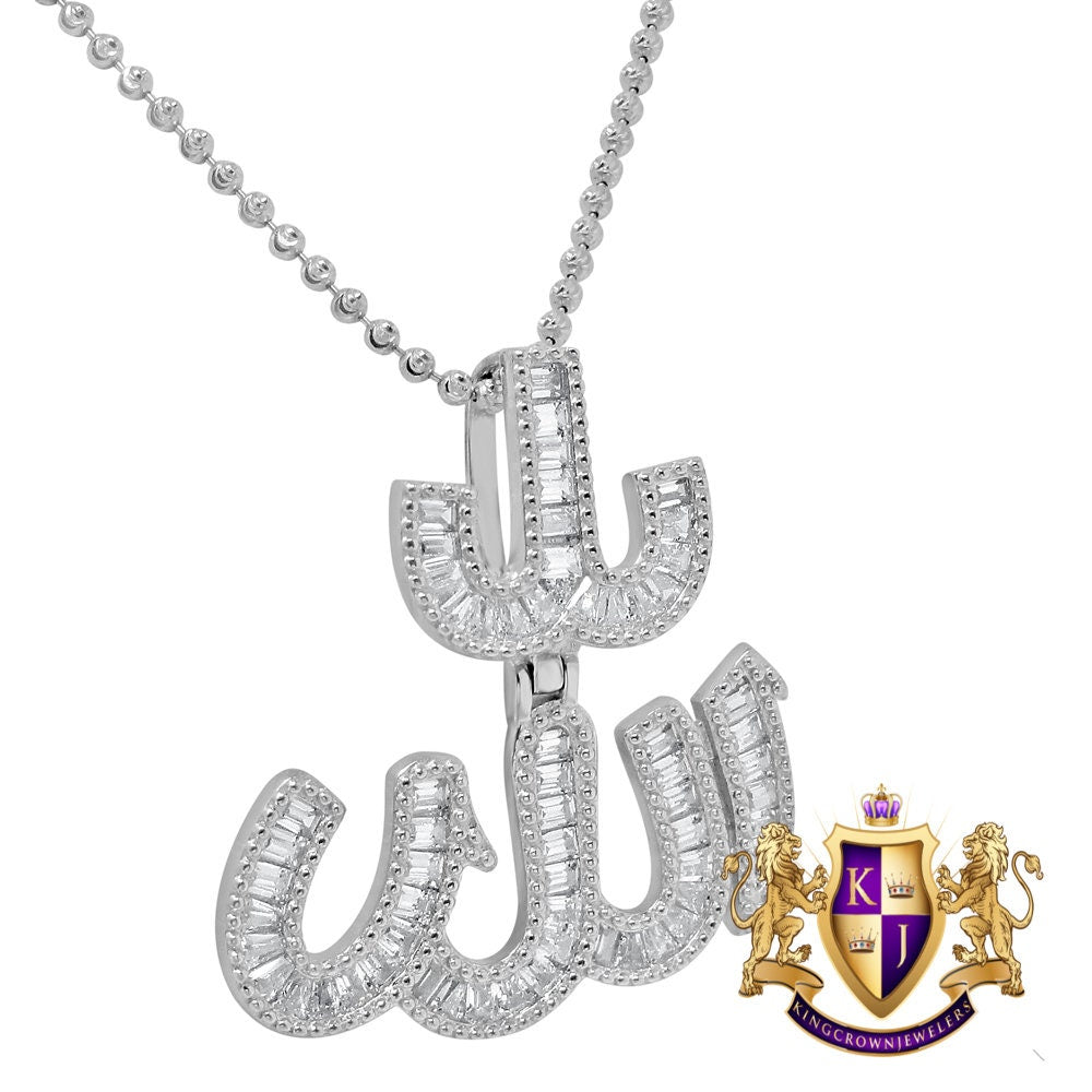 Baguette 14K White Gold Over Genuine Real Authentic Sterling Silver Simulated Diamond Allah God Muslim Unisex Pendant Charm + Chain Neckless