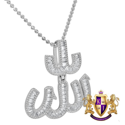 Baguette 14K White Gold Over Genuine Real Authentic Sterling Silver Simulated Diamond Allah God Muslim Unisex Pendant Charm + Chain Neckless