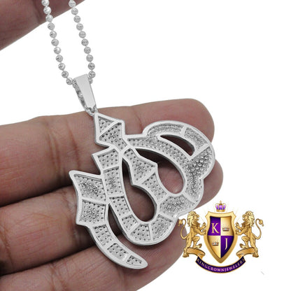 Men's 14K White Gold Over Real Genuine Sterling Silver Lab Diamond Allah Muslim Pendent Charm Chain Set