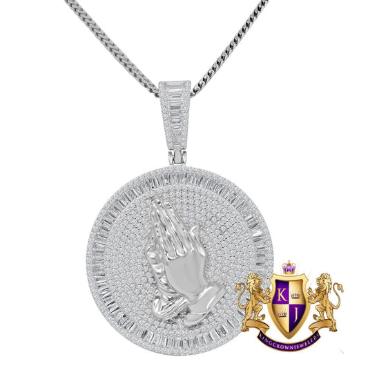 Real Sterling Silver White Gold Tone Simulated Diamond Praying Hands Religious Charm Pendent Chain Set  2''
