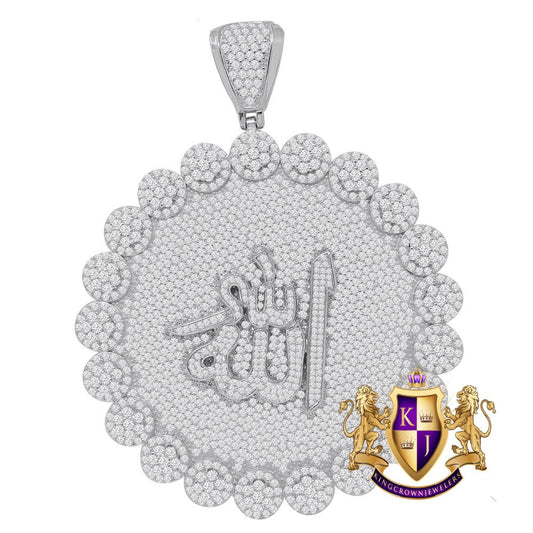 70 + Grams Big Jumbo XL 3.75'' 14K White Gold On Sterling Silver Allah God Muslim Islamic Pendant Simulated Diamond Medallion Charm
