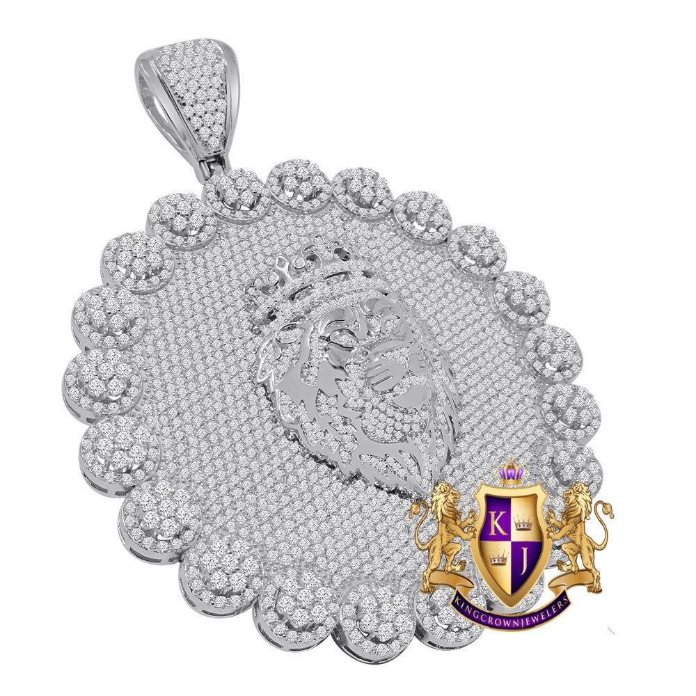 Big 3.75'' Exclusive Custom Piece Real Genuine White Gold On Sterling Silver Simulated Diamond Lion Head Pendent Charm 70 + Grams