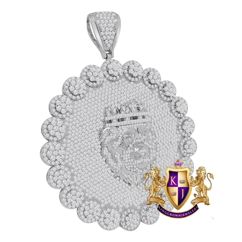 Big 3.75'' Exclusive Custom Piece Real Genuine White Gold On Sterling Silver Simulated Diamond Lion Head Pendent Charm 70 + Grams