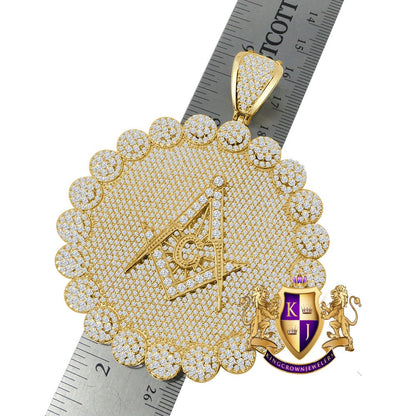 Jumbo 3.75'' Exclusive Custom Piece Real Genuine Sterling Silver 14K Gold Over Simulated Diamond Masonic Freemason Pendent Charm 70 + Grams
