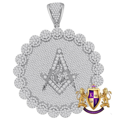 Jumbo 3.75'' Exclusive Custom Piece Real White Gold On Sterling Silver Simulated Diamond Masonic Freemason Pendent Charm 70 + Grams
