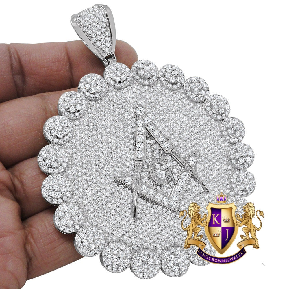 Jumbo 3.75'' Exclusive Custom Piece Real White Gold On Sterling Silver Simulated Diamond Masonic Freemason Pendent Charm 70 + Grams