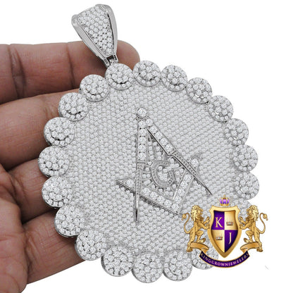 Jumbo 3.75'' Exclusive Custom Piece Real White Gold On Sterling Silver Simulated Diamond Masonic Freemason Pendent Charm 70 + Grams