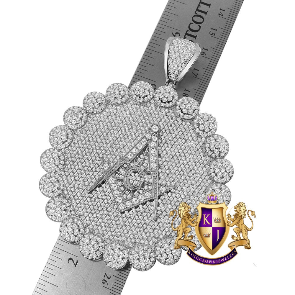 Jumbo 3.75'' Exclusive Custom Piece Real White Gold On Sterling Silver Simulated Diamond Masonic Freemason Pendent Charm 70 + Grams