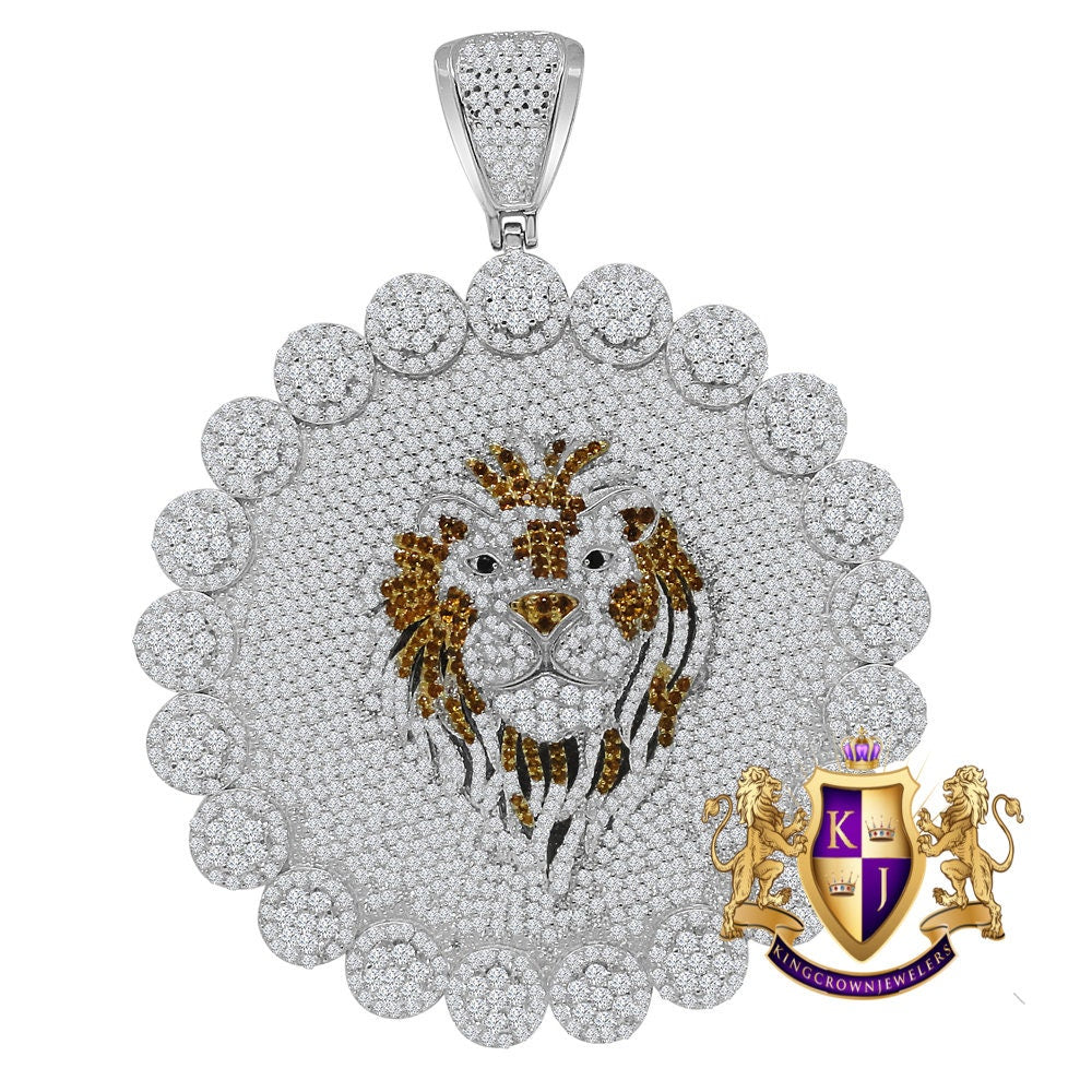 Exclusive Custom Piece Real Genuine 14K White Gold Over Real Sterling Silver Simulated Diamond Lion Head Pendent Charm 70 + Grams Big 3.75''