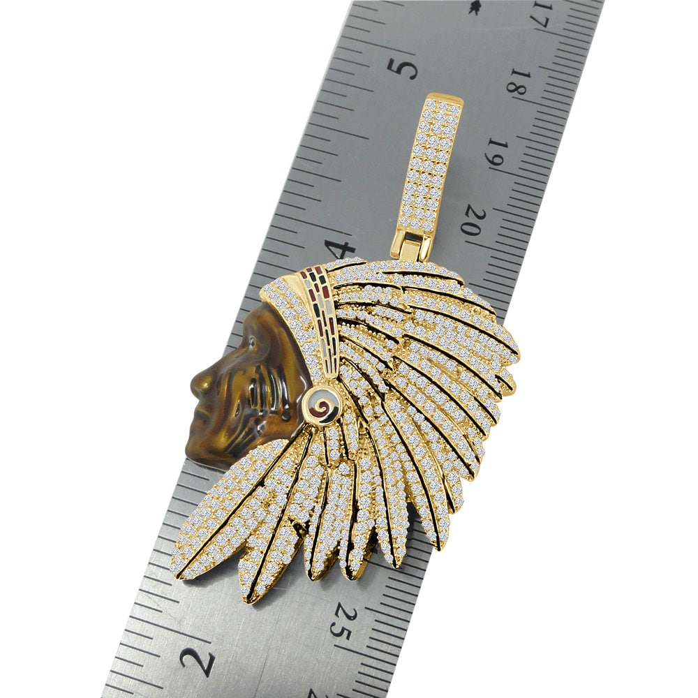 14K Gold Over Native American Indian Apache King Simulated Diamond Pendent Charm Chain Set