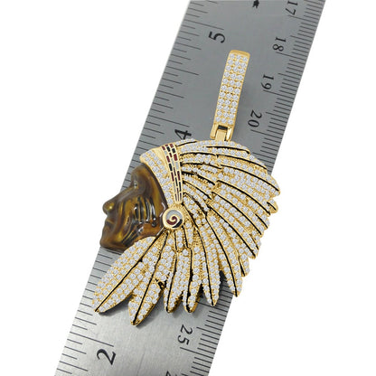 14K Gold Over Native American Indian Apache King Simulated Diamond Pendent Charm Chain Set