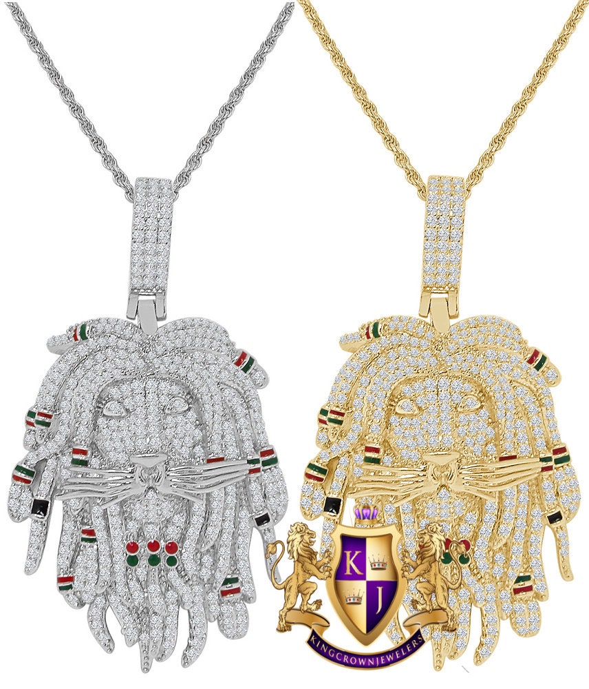 30 + Grams Rasta Jamaican Lion Face Pendant Multi Tone 3.00 Cwt. Simulated Diamonds Custom Charm 14K Gold Over 2.15'' + Rope Chain