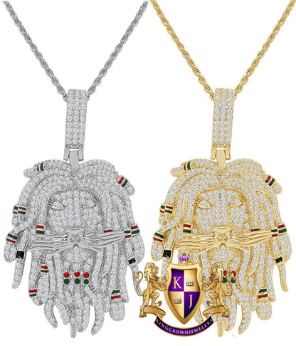 30 + Grams Rasta Jamaican Lion Face Pendant Multi Tone 3.00 Cwt. Simulated Diamonds Custom Charm 14K Gold Over 2.15'' + Rope Chain