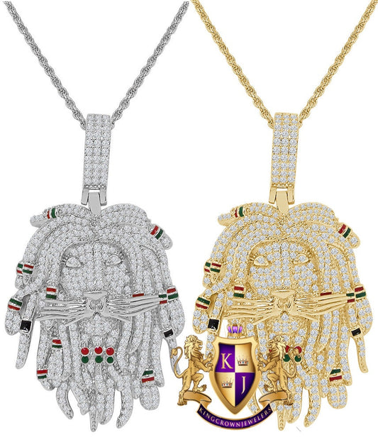 30 + Grams Rasta Jamaican Lion Face Pendant Multi Tone 3.00 Cwt. Simulated Diamonds Custom Charm 14K Gold Over 2.15'' + Rope Chain
