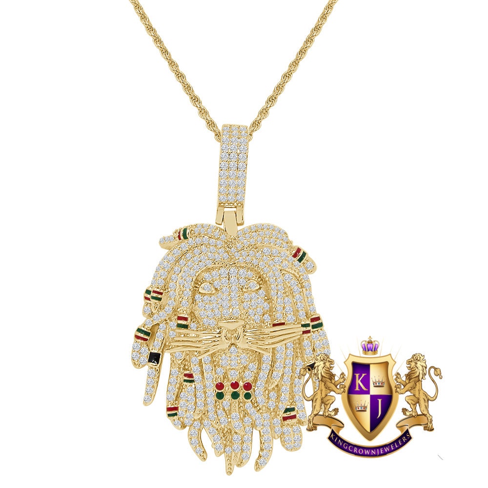 30 + Grams Rasta Jamaican Lion Face Pendant Multi Tone 3.00 Cwt. Simulated Diamonds Custom Charm 14K Gold Over 2.15'' + Rope Chain
