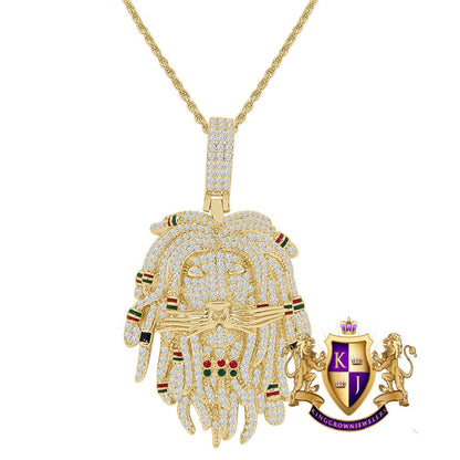 30 + Grams Rasta Jamaican Lion Face Pendant Multi Tone 3.00 Cwt. Simulated Diamonds Custom Charm 14K Gold Over 2.15'' + Rope Chain