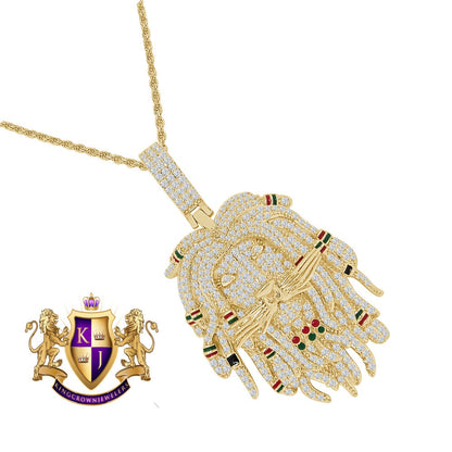30 + Grams Rasta Jamaican Lion Face Pendant Multi Tone 3.00 Cwt. Simulated Diamonds Custom Charm 14K Gold Over 2.15'' + Rope Chain