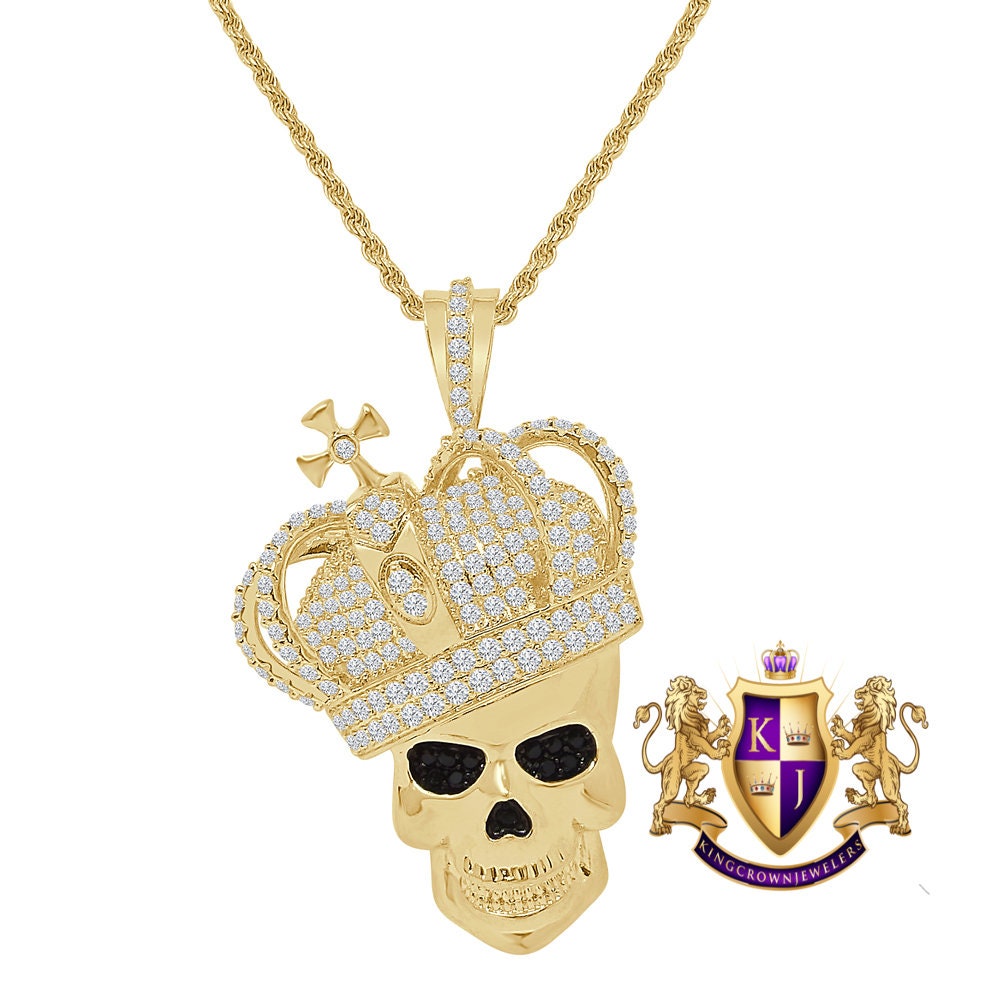 Men's Skull Head Crown Face Custom Charm Simulated Diamond Cross Pendent Chain Set