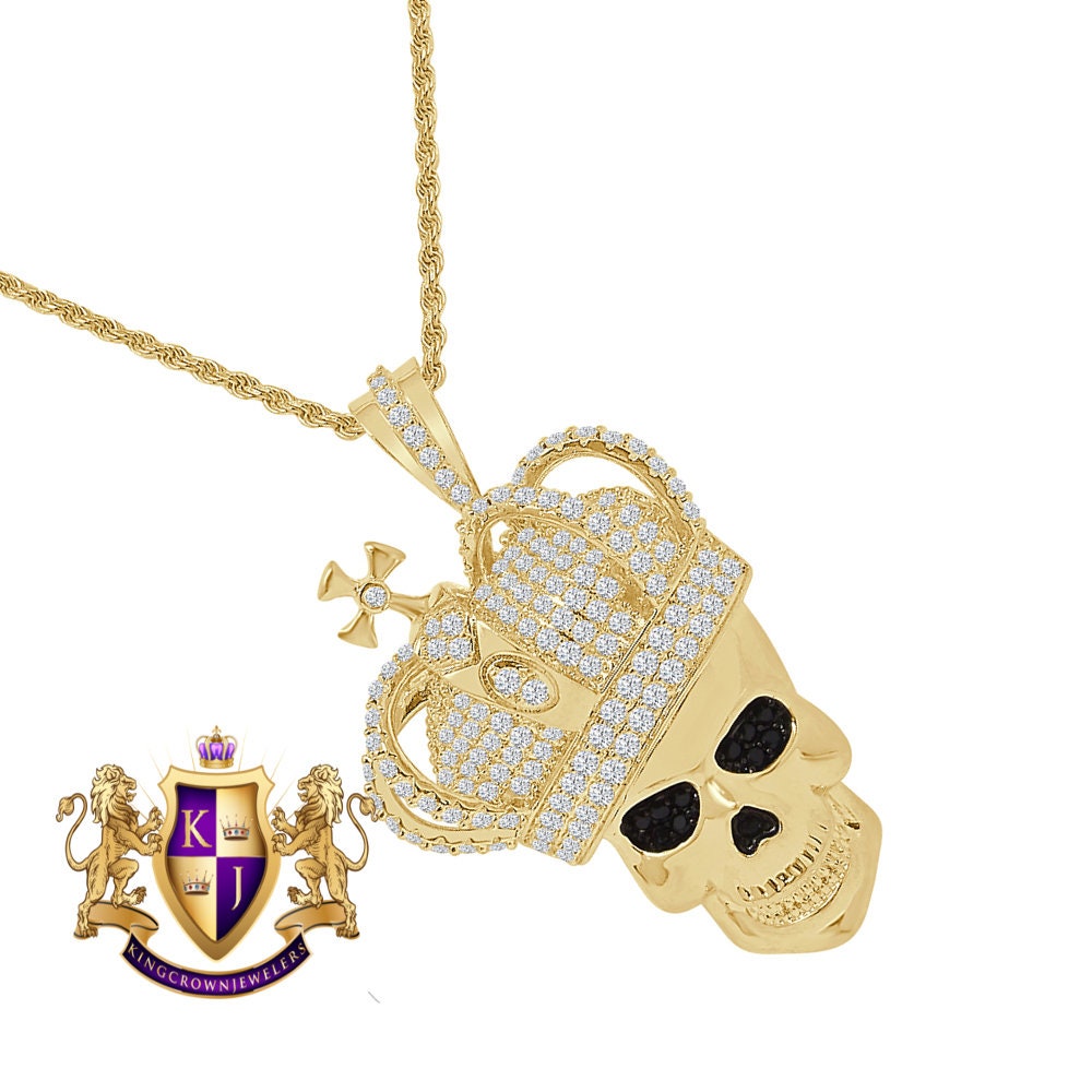 Men's Skull Head Crown Face Custom Charm Simulated Diamond Cross Pendent Chain Set