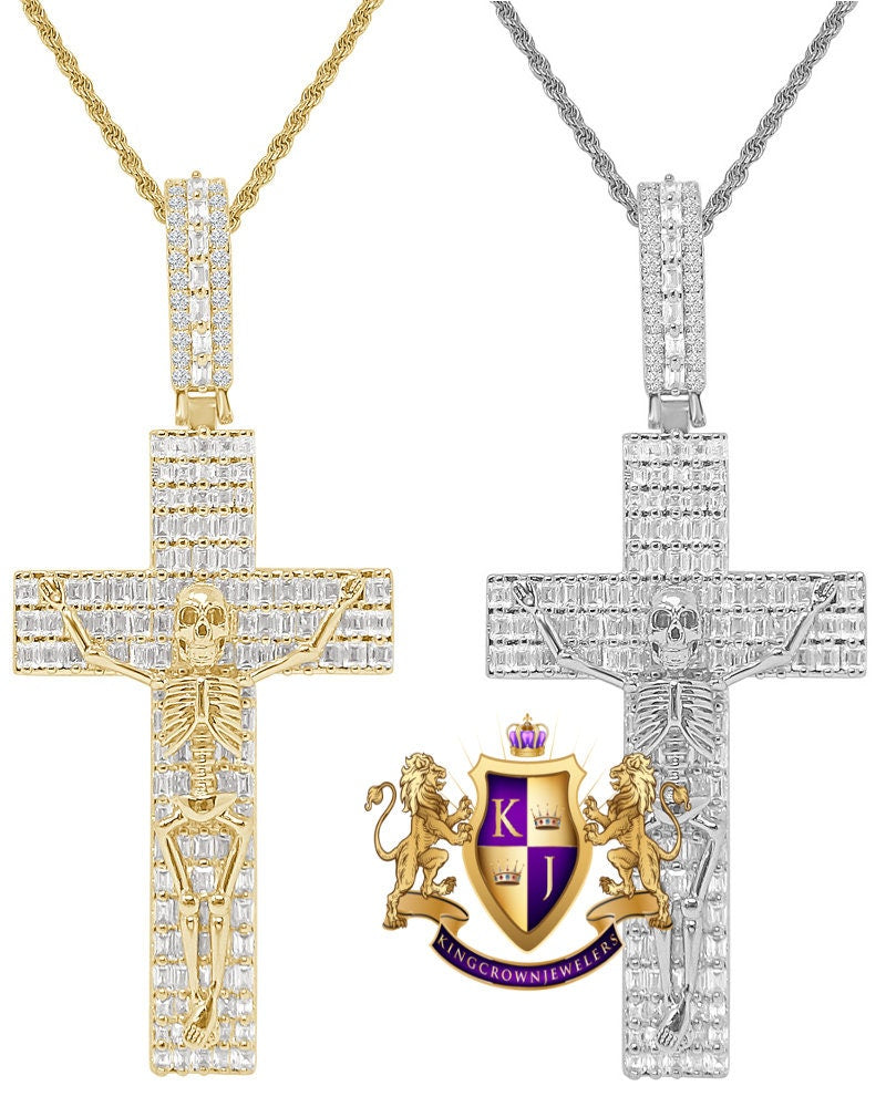 Men's Custom Piece Skeleton Cross Charm 14K Gold Finish Simulated Diamond Pendent + Chain 2.75''
