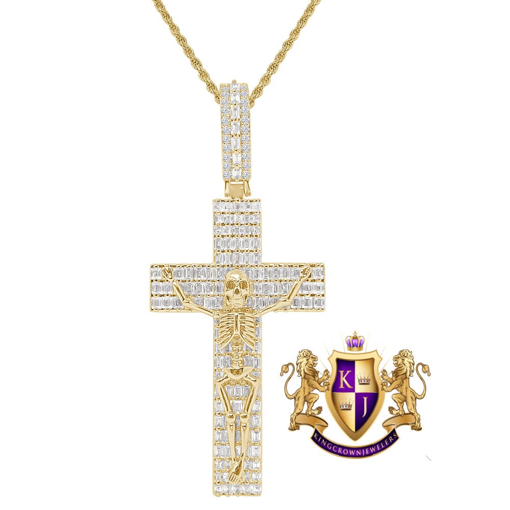 Men's Custom Piece Skeleton Cross Charm 14K Gold Finish Simulated Diamond Pendent + Chain 2.75''