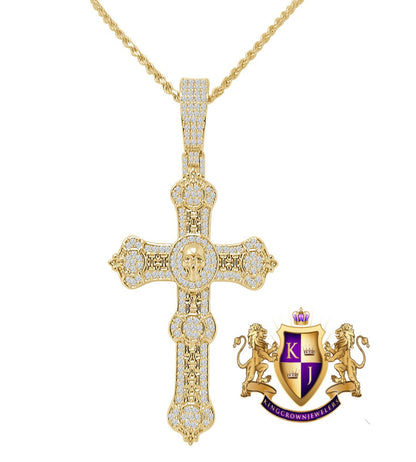 Mens Custom Piece Skull Cross Charm 14K Gold Finish Simulated Diamond Pendent + Chain 2.65''