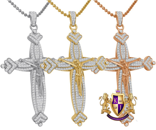 20+ Grams Real Genuine Italian Sterling Silver 14K Gold Finish 2.50 Cwt. Simulated Diamond Jesus Crucifix Cross Pendant Charm +Chain 2.80''