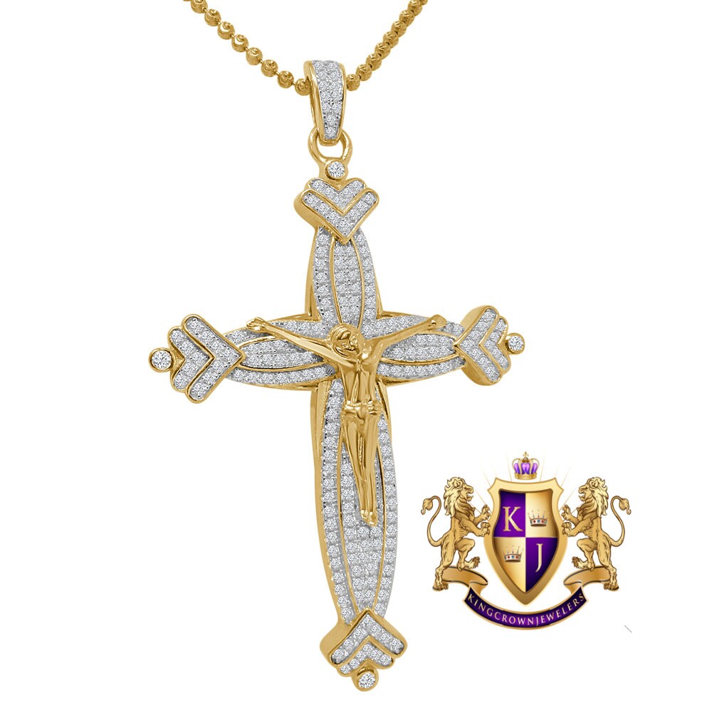 20+ Grams Real Genuine Italian Sterling Silver 14K Gold Finish 2.50 Cwt. Simulated Diamond Jesus Crucifix Cross Pendant Charm +Chain 2.80''