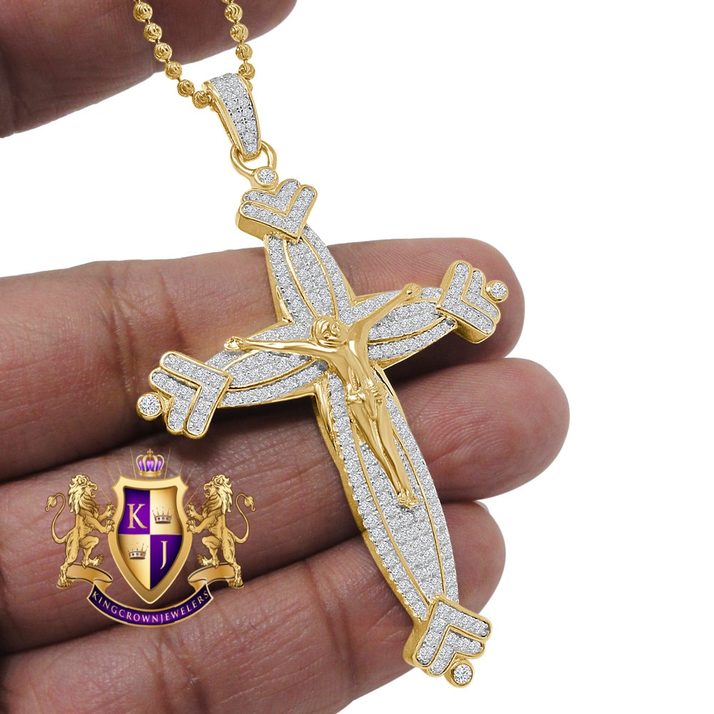 20+ Grams Real Genuine Italian Sterling Silver 14K Gold Finish 2.50 Cwt. Simulated Diamond Jesus Crucifix Cross Pendant Charm +Chain 2.80''