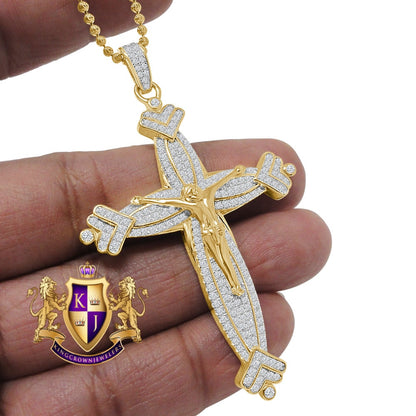 20+ Grams Real Genuine Italian Sterling Silver 14K Gold Finish 2.50 Cwt. Simulated Diamond Jesus Crucifix Cross Pendant Charm +Chain 2.80''