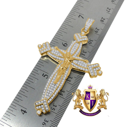20+ Grams Real Genuine Italian Sterling Silver 14K Gold Finish 2.50 Cwt. Simulated Diamond Jesus Crucifix Cross Pendant Charm +Chain 2.80''