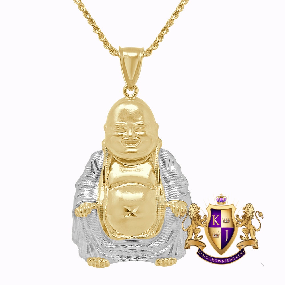 10K 2 Tone Real Solid Gold Siddhartha Gautama Buddha Religious Pendent Charm 2.25''