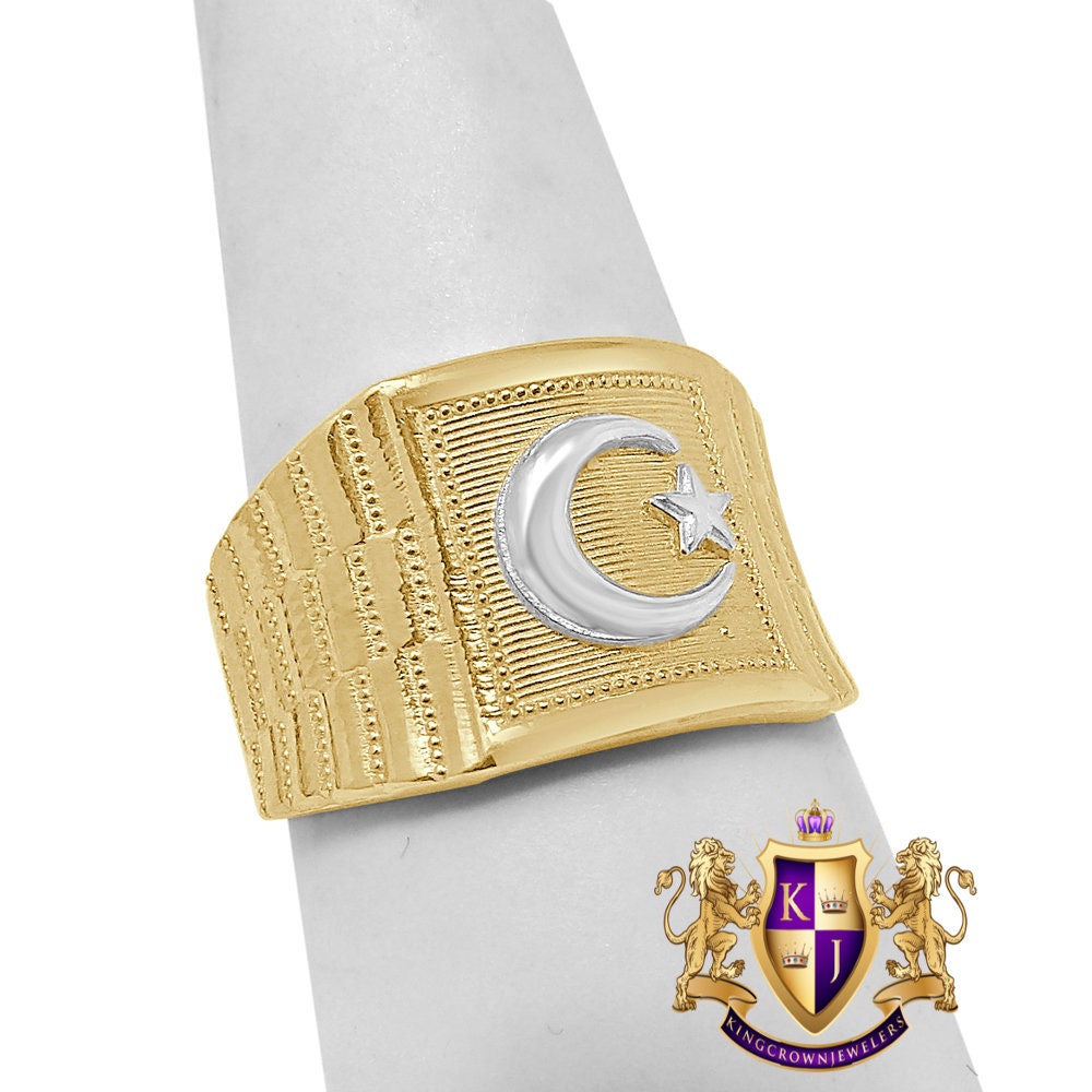 100% Real 2 Tone Solid Gold Men's Ring Muslim Arabic Islamic Star and crescent Band