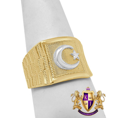 100% Real 2 Tone Solid Gold Men's Ring Muslim Arabic Islamic Star and crescent Band
