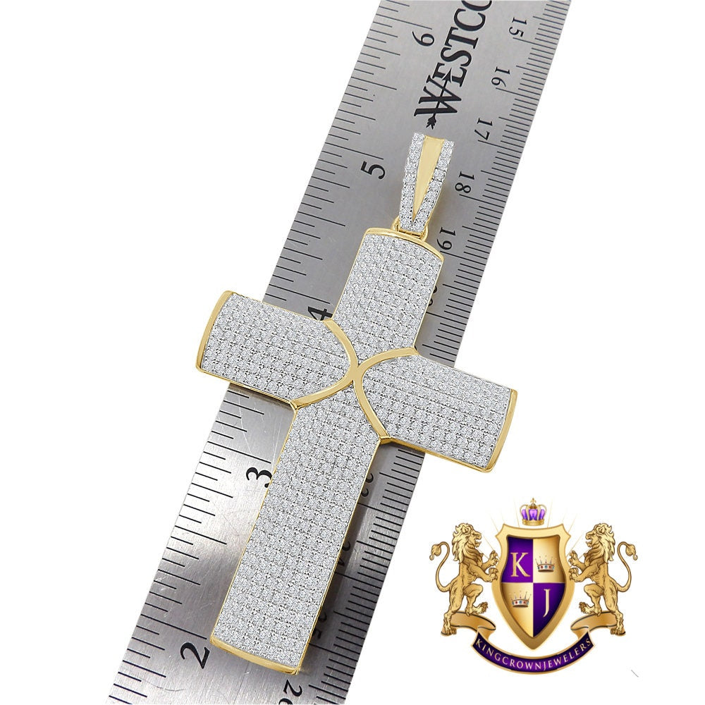 3D Real Genuine Authentic Italian Sterling Silver 21+ Grams 5.00 Cwt. Simulated Diamond 14K Gold On Jesus Cross Custom Pendent Charm 2.25''