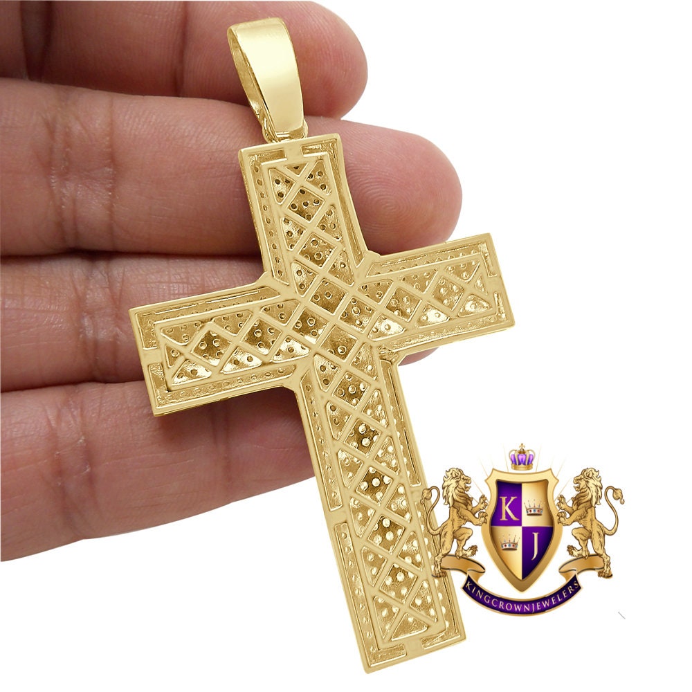 3D Real Genuine Authentic Italian Sterling Silver 21+ Grams 5.00 Cwt. Simulated Diamond 14K Gold On Jesus Cross Custom Pendent Charm 2.25''